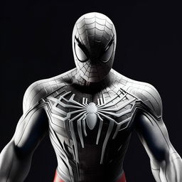 An 8K resolution, 1080HP image of Spider-Man, reimagined in hues of silver, white, and carbon black. This interpretation bestows a futuristic and high-end twist on the classic Marvel superhero.