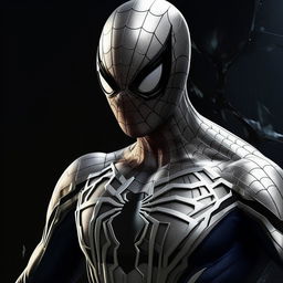 An 8K resolution, 1080HP image of Spider-Man, reimagined in hues of silver, white, and carbon black. This interpretation bestows a futuristic and high-end twist on the classic Marvel superhero.