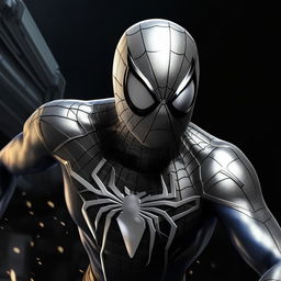 An 8K resolution, 1080HP image of Spider-Man, reimagined in hues of silver, white, and carbon black. This interpretation bestows a futuristic and high-end twist on the classic Marvel superhero.