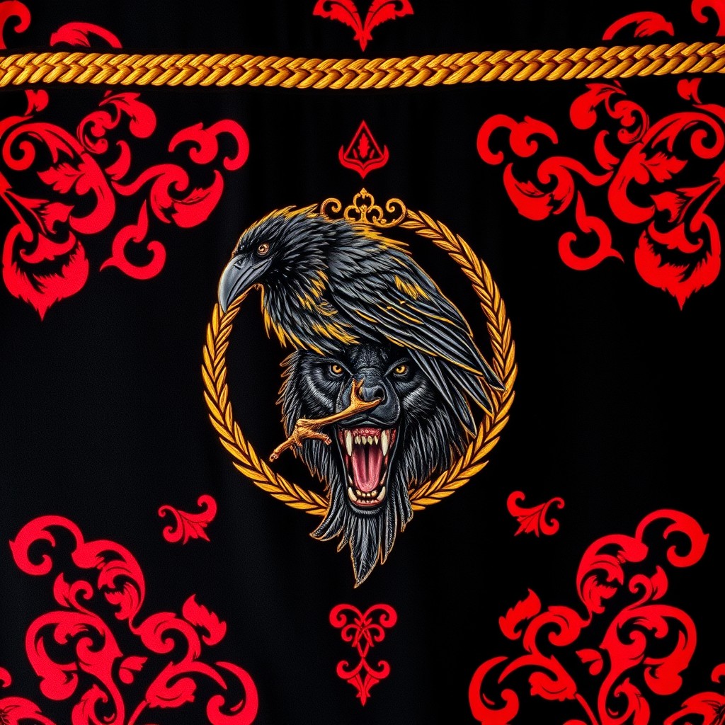 A striking black fabric adorned with intricate gold braid, showcasing vibrant red patterns