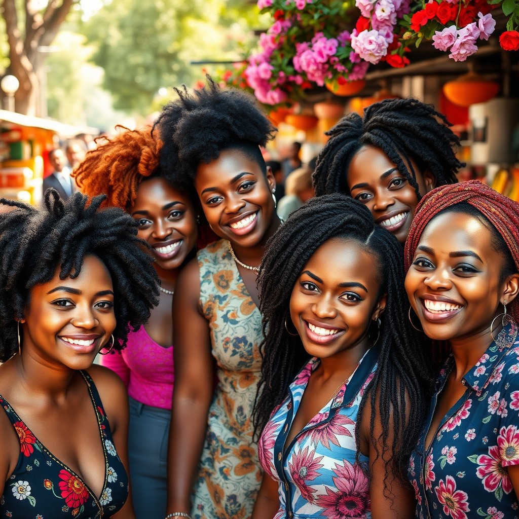A vibrant and captivating portrait of a diverse group of women, showcasing their unique hairstyles, fashion styles, and cultural backgrounds