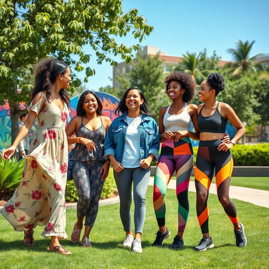 A group of diverse women celebrating together in a vibrant urban park