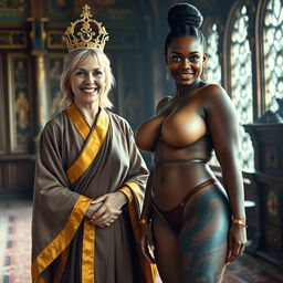 In an ornate medieval room, a joyful 50-year-old petite blonde woman with medium hair and bright blue eyes smiles radiantly