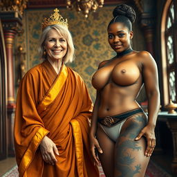 In an ornate medieval room, a joyful 50-year-old petite blonde woman with medium hair and bright blue eyes smiles radiantly