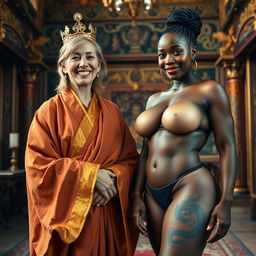 In an ornate medieval room, a joyful 50-year-old petite blonde woman with medium hair and bright blue eyes smiles radiantly