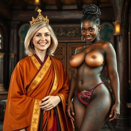 In a beautifully adorned medieval room, a cheerful 50-year-old petite blonde woman with medium-length hair and bright blue eyes beams with happiness