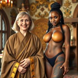 In a beautifully adorned medieval room, a cheerful 50-year-old petite blonde woman with medium-length hair and bright blue eyes beams with happiness