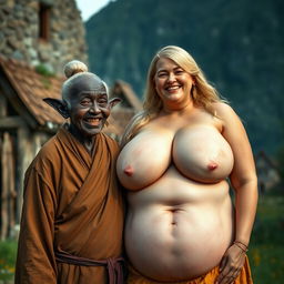 In a medieval village, an elderly black woman, very short and malnourished with rotten teeth and elf ears, is dressed in a long, fully closed Buddhist robe