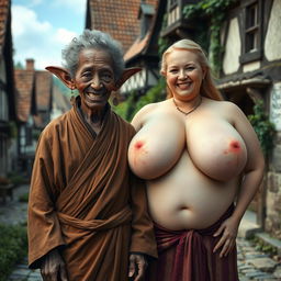 In a medieval village, a very short and undernourished elderly black woman with crooked teeth and elf-like ears wears a long, fully-closed Buddhist robe