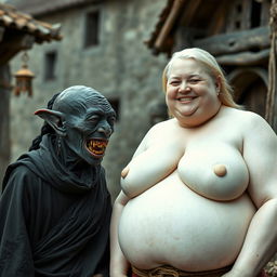 In a medieval village setting, an elderly female goblin with dark black skin, small and malnourished, has sharp, decayed teeth