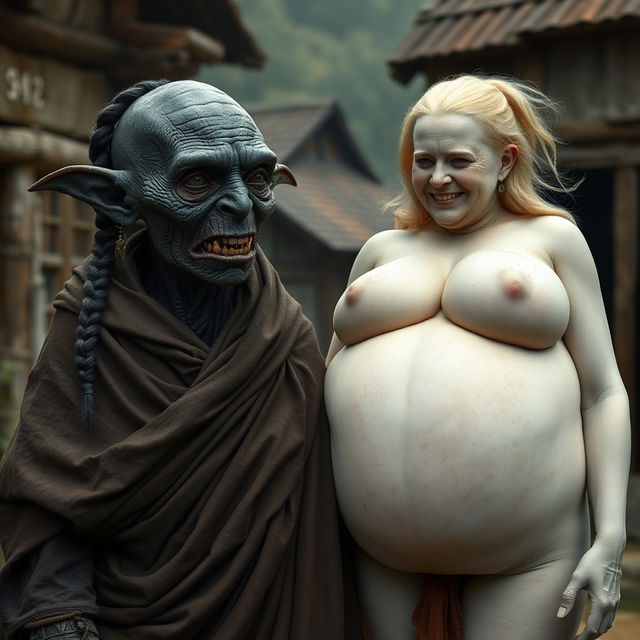 In a medieval village setting, an elderly female goblin with dark black skin, small and malnourished, has sharp, decayed teeth