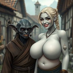 In a medieval village, there is an elderly female goblin with very dark black skin, small and malnourished, having sharp, decayed teeth