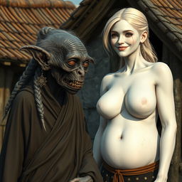 In a medieval village, an elderly black female goblin, small and emaciated with sharp, decayed teeth, is dressed in a long, closed Buddhist robe