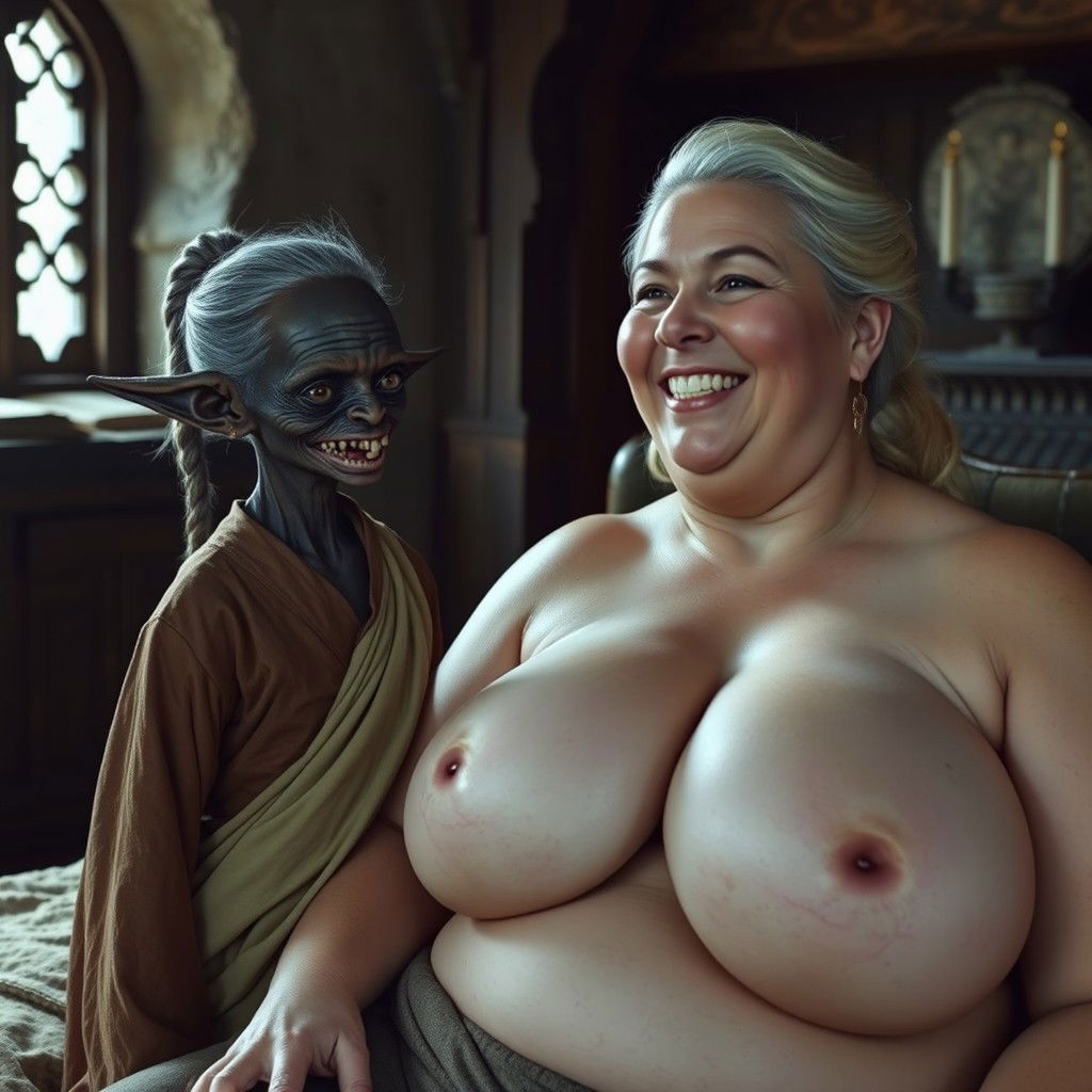 In a medieval bedroom, a scene features a very small female Goblin of deep African descent with malnourished characteristics, sharp decayed teeth, and very dark skin