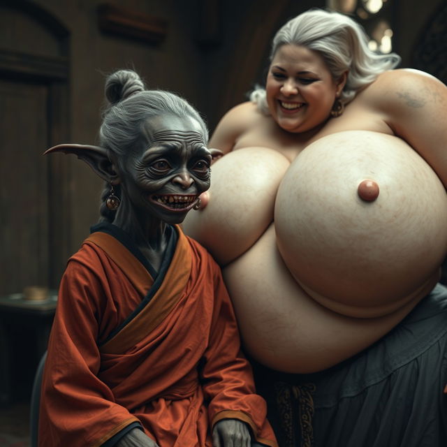 In a medieval bedroom, a scene features a very small female Goblin of deep African descent with malnourished characteristics, sharp decayed teeth, and very dark skin