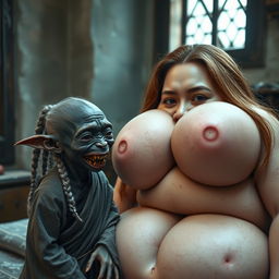 A small African female goblin with dark skin, appearing thin and malnourished, features sharp, decayed teeth