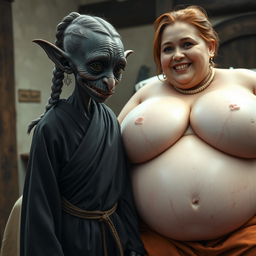 A small African female goblin with dark skin, appearing thin and malnourished, features sharp, decayed teeth