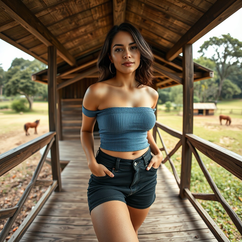Natural full-body POV photograph of a 30–35-year-old Latina woman with a subtle, non-explicit hourglass body shape, standing on a wooden porch in a relaxed, everyday pose