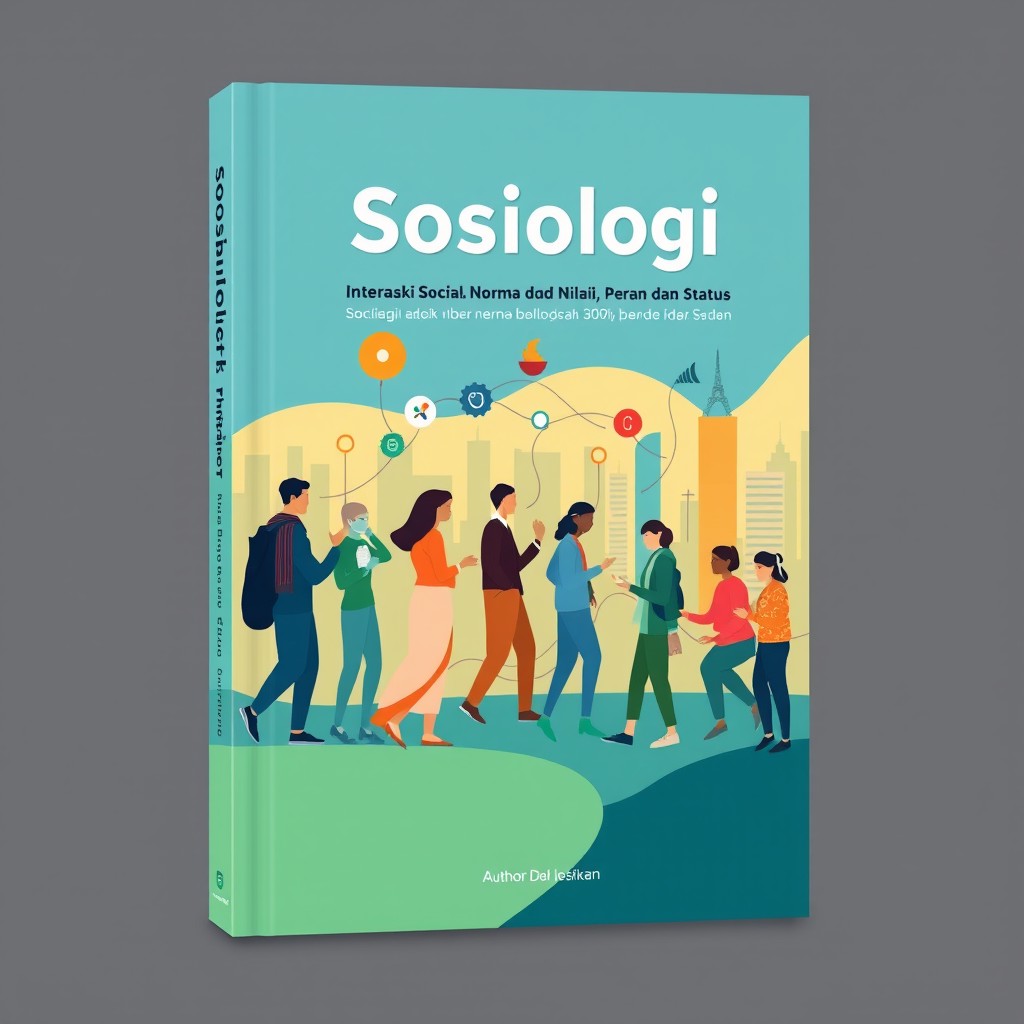 Create an engaging book cover design for a sociology book titled 'Sosiologi: Interaksi Sosial, Norma dan Nilai, Peran dan Status'