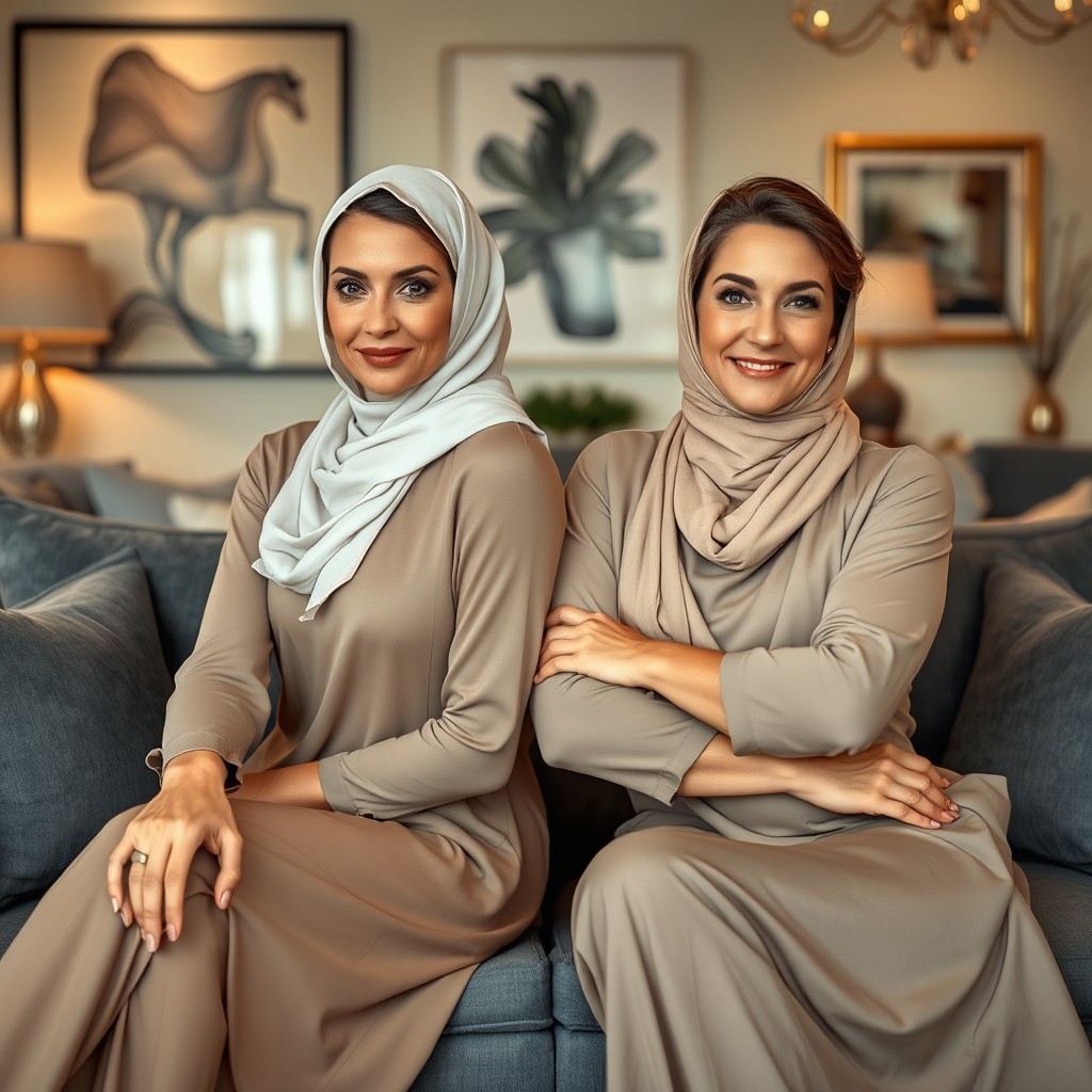 An artistic scene featuring two beautiful women, aged 30 and 50, with brunette hair and bronzed skin, wearing headscarves