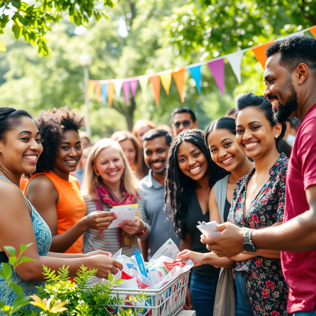 An inspiring portrait of a diverse group of people from various backgrounds engaging in a community event, showcasing unity and collaboration