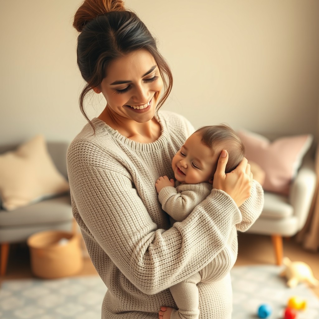A heartwarming scene of a mother gently cradling her child in her arms, exuding love and affection