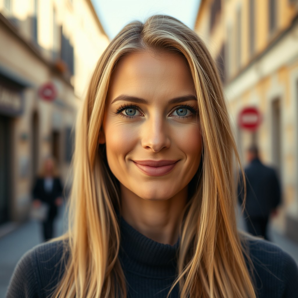 A close-up portrait of a beautiful 40-year-old Italian woman with natural makeup, long blonde hair, and blue eyes