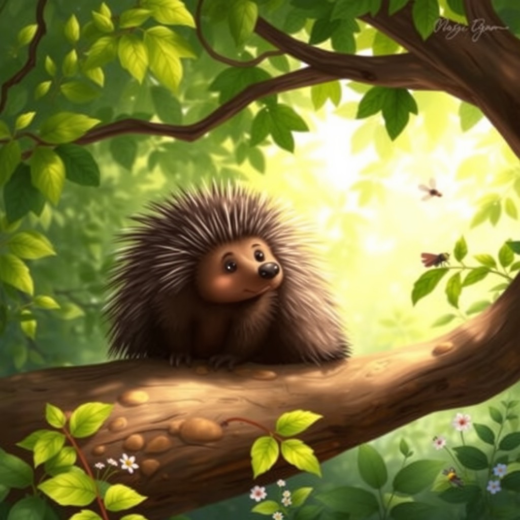 A realistic and detailed illustration of a porcupine in its natural habitat, sitting on a tree branch surrounded by lush green foliage