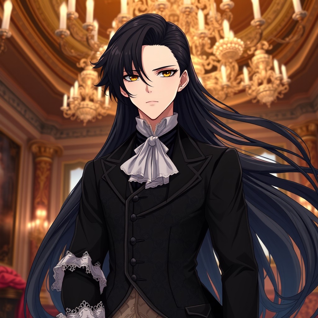 A striking anime character with long, flowing dark hair styled elegantly