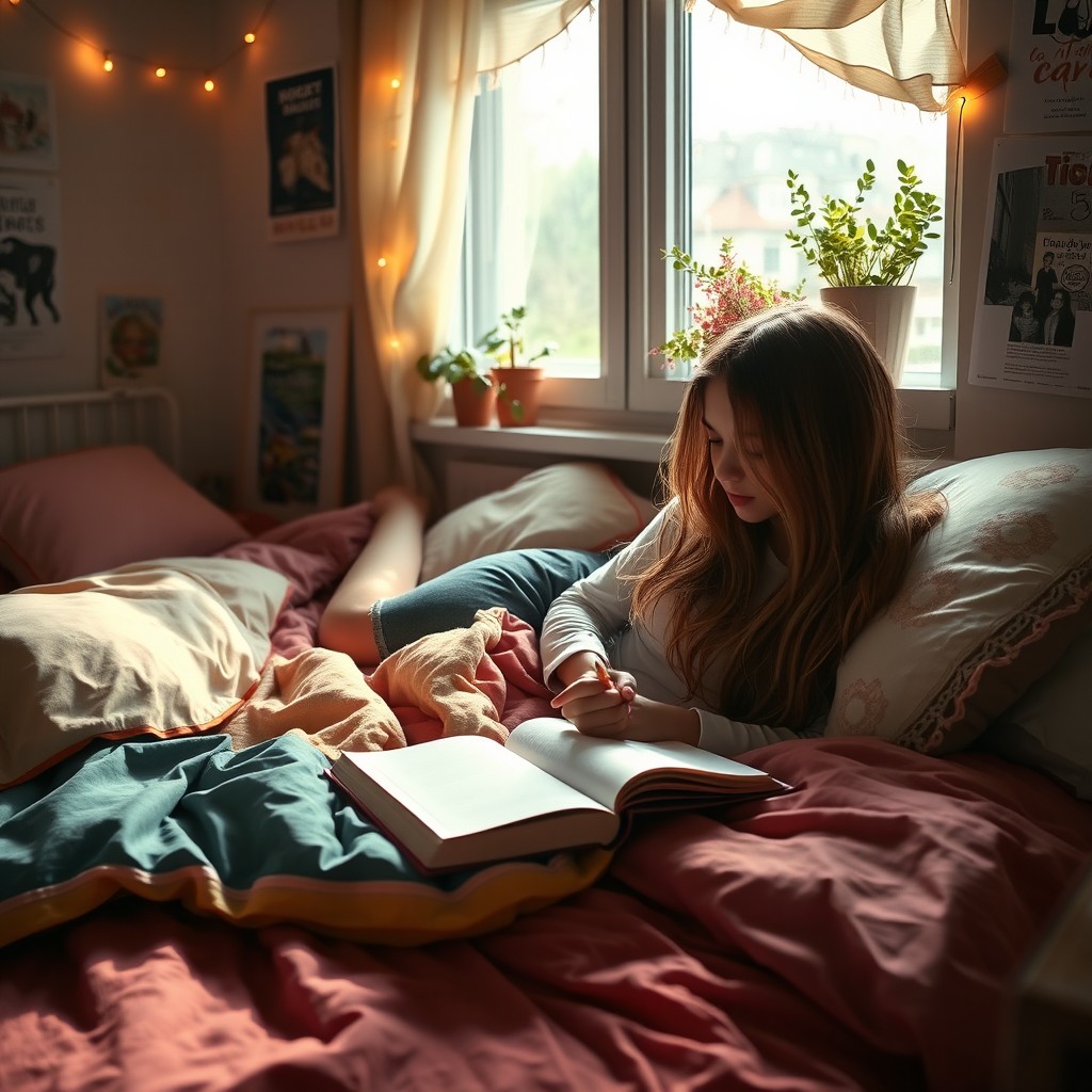 A cozy bedroom scene featuring a teenage girl lying on her bed, deeply engaged in writing in her diary