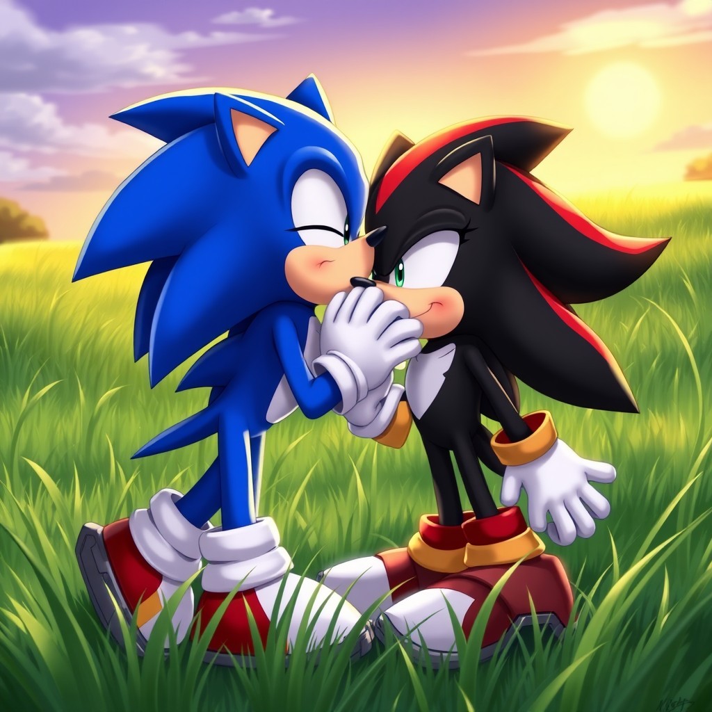 Sonic the Hedgehog and Shadow the Hedgehog sharing a tender kiss, the vibrant blue and dark gray colors of their fur contrasting beautifully