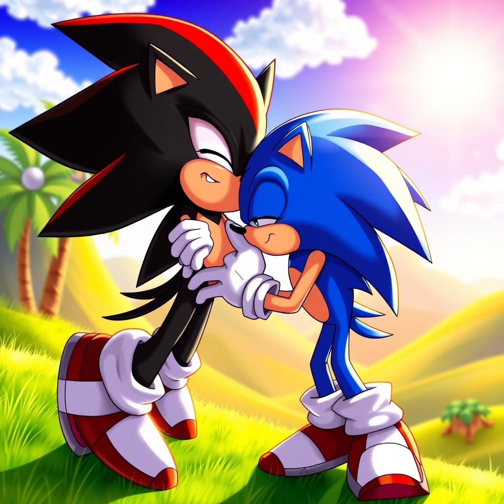 Sonic the Hedgehog and Shadow the Hedgehog kissing passionately in a dynamic pose