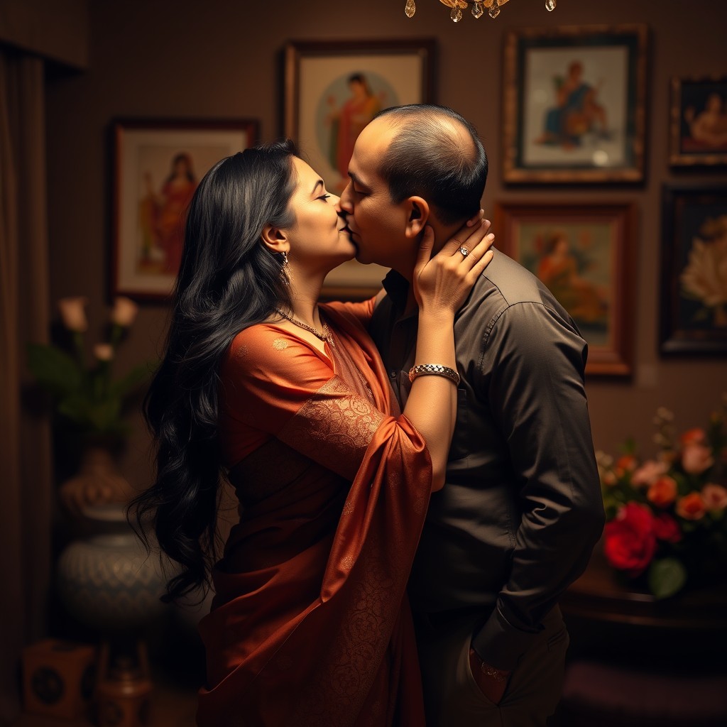 An intimate moment between a mature Indian woman and a man, locked in a soft kiss