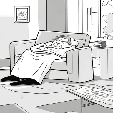 In the cartoon, the character pretended to be asleep and lied on the couch to avoid doing chores.