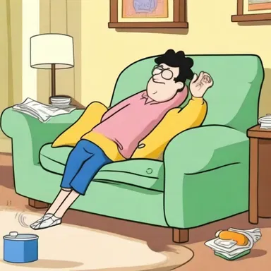 In the cartoon, the character pretended to be asleep and lied on the couch to avoid doing chores.