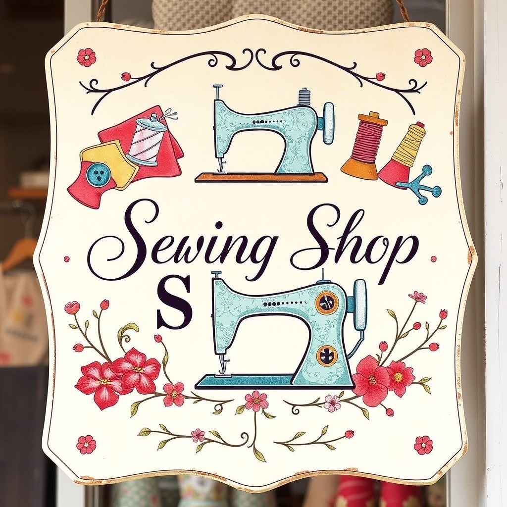 A charming and inviting sign for a sewing shop, featuring colorful fabrics, spools of thread, and a sewing machine