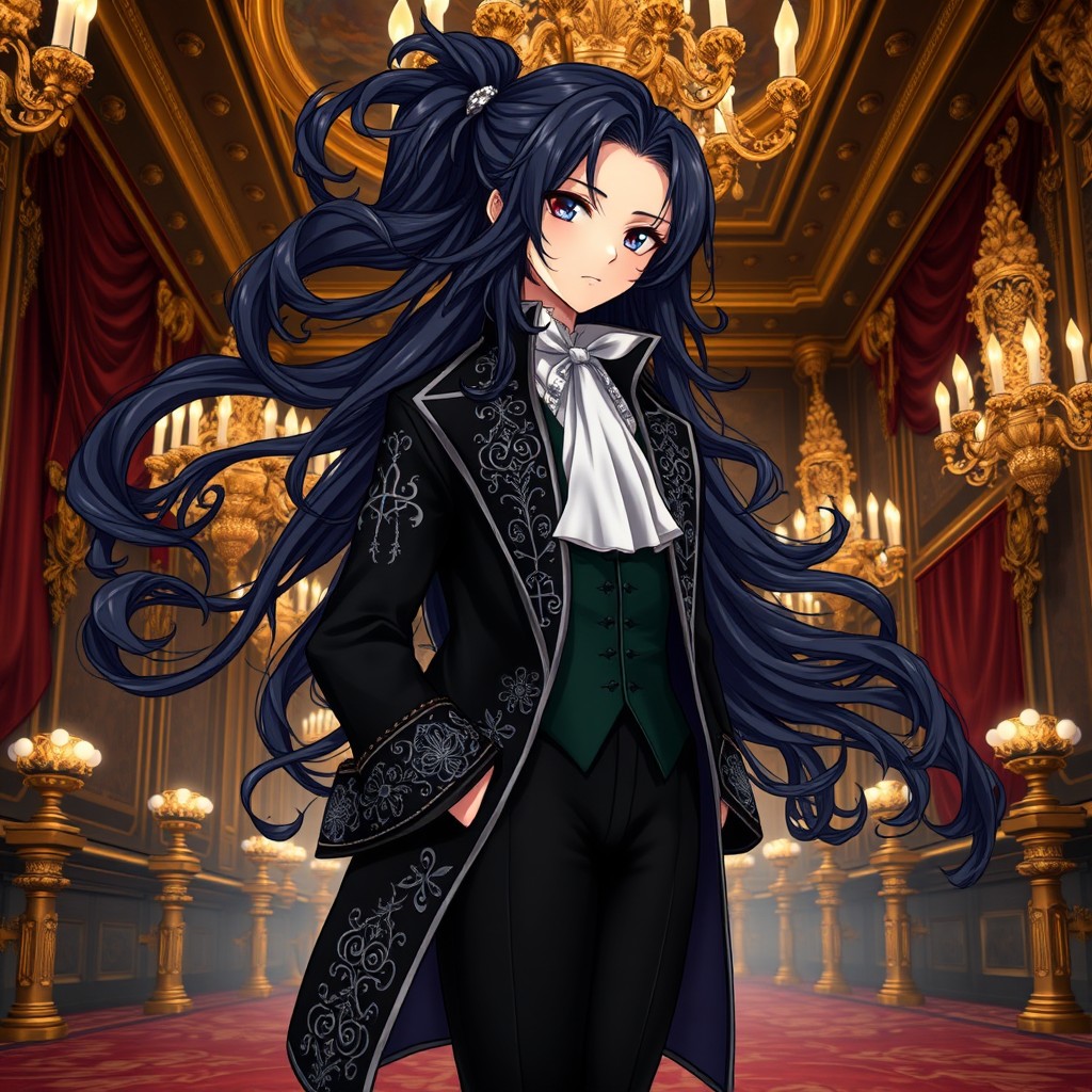 An enchanting anime character with long, flowing dark hair styled in intricate curls, capturing the essence of 18th-century aristocracy