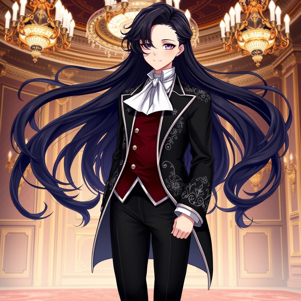 An exquisite anime character with long, flowing dark hair styled with soft curls, reflecting aristocratic elegance of the 18th century