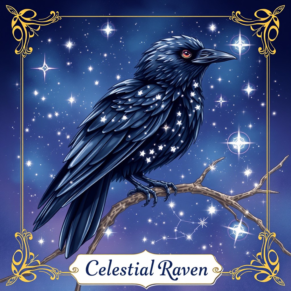 A beautifully illustrated fantasy waifu card featuring a raven with shimmering stardust emanating from its feathers