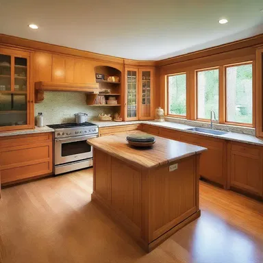 The island counter lies in the center of the spacious kitchen.