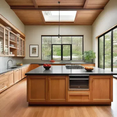 The island counter lies in the center of the spacious kitchen.