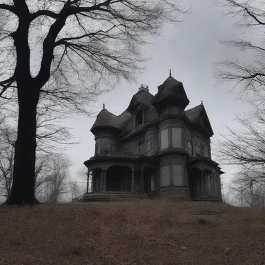 The abandoned mansion lies on top of a haunted hill, shrouded in darkness.