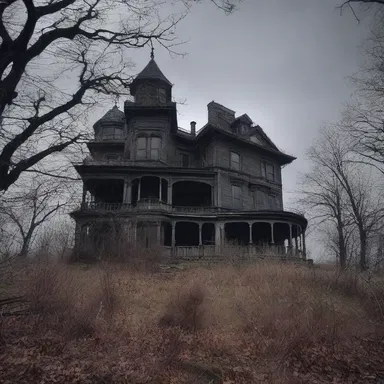 The abandoned mansion lies on top of a haunted hill, shrouded in darkness.