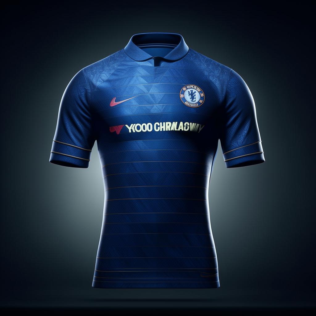 An 8K resolution, 1080HP picture quality envisioning of a brand-new, luxurious Chelsea FC kit, showcasing stellar craftsmanship, elite sports technology, and a design that pays homage to the club's rich heritage.