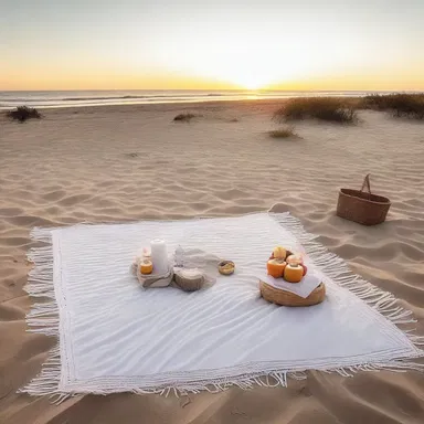 As the sun sets over the horizon, a blanket lies spread out on the soft sandy beach, awaiting a romantic picnic for two.
