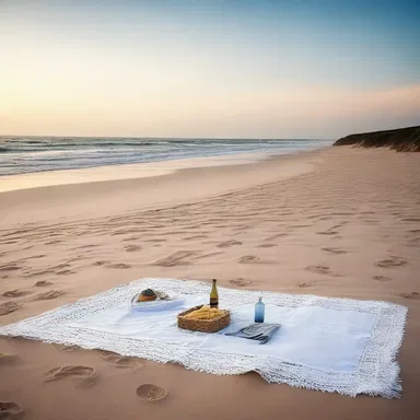 As the sun sets over the horizon, a blanket lies spread out on the soft sandy beach, awaiting a romantic picnic for two.