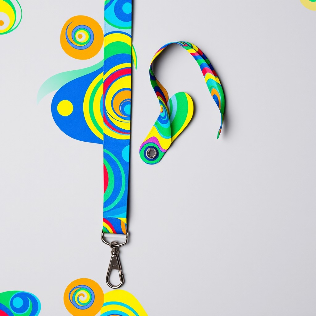 A vibrant and eye-catching lanyard design featuring a colorful abstract pattern with swirls and geometric shapes