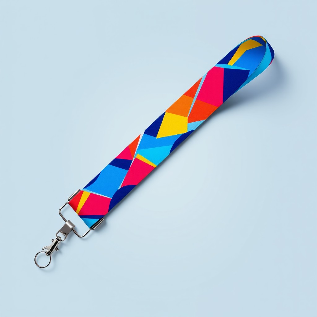 A stylish and vibrant lanyard designed for events, featuring a colorful abstract pattern of geometric shapes and bright colors like blue, red, and yellow