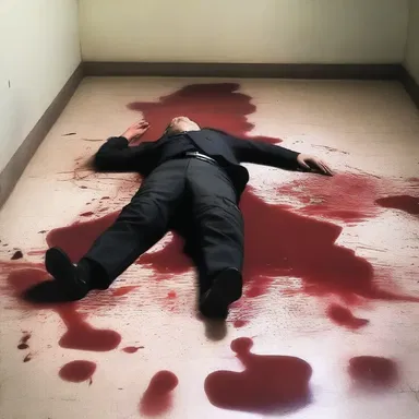 The victim lay lifeless on the floor, blood pooling around their body.