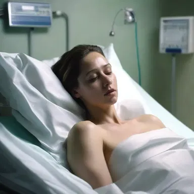 The actress lay motionless on the hospital bed, portraying the character's coma with great realism.